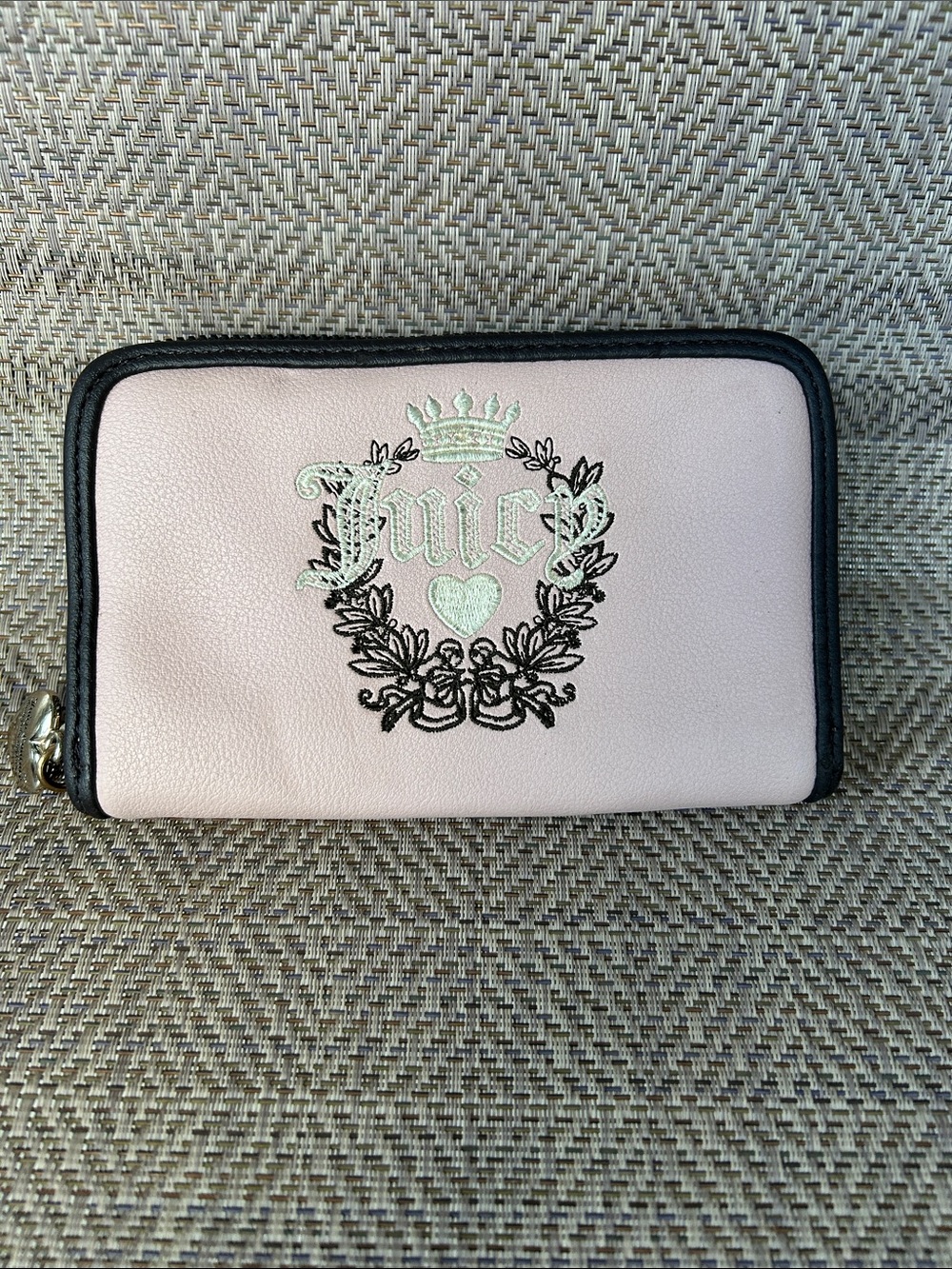 Juicy Couture Pale Pink Wallet with Black Trim and Embroidered Crest